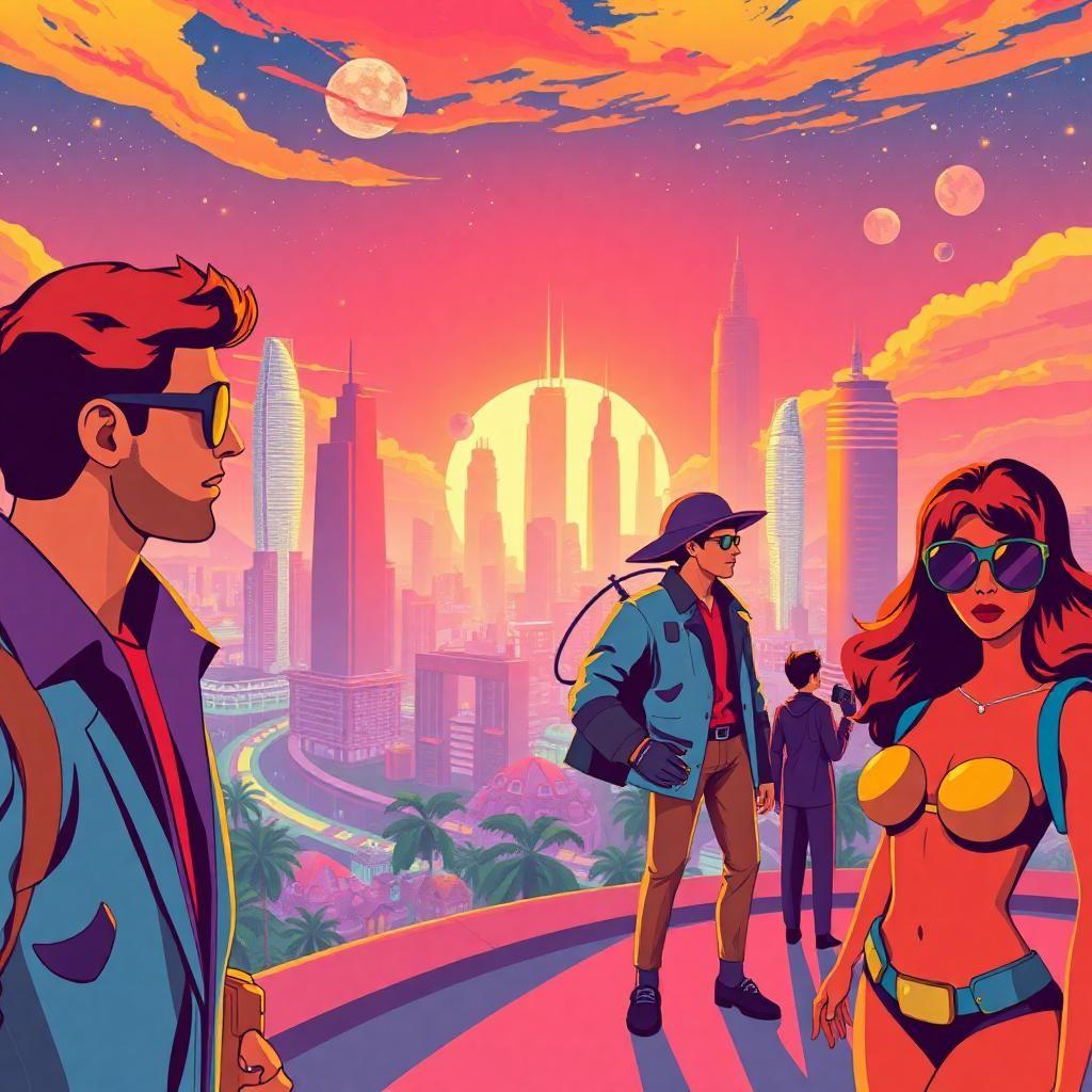 Illustrate a futuristic celebration of retro design, with human figures illustrated in bold pop art colors, set against a shimmering city that mirrors an explorer's paradise from another era. The vibrancy encapsulates a society that blends the ideals of futuristic optimism with timeless style.