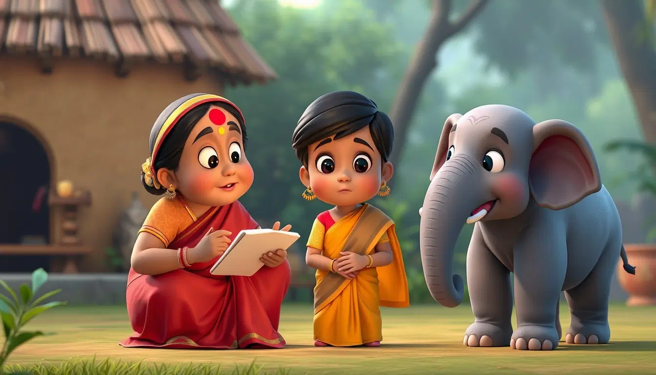 Dadi Amma character explaining story  
Mohans character Gudiyas character listening  
Neelu the elephant character standing peacefully  
warm emotional scene  

3D animated cartoon style  
Pixar inspired but original  
soft lighting  
rounded shapes  
child friendly  
bright colors  

high quality 3D render  
cinematic camera  
consistent character design  
Indian village environment  
no text  
no watermark