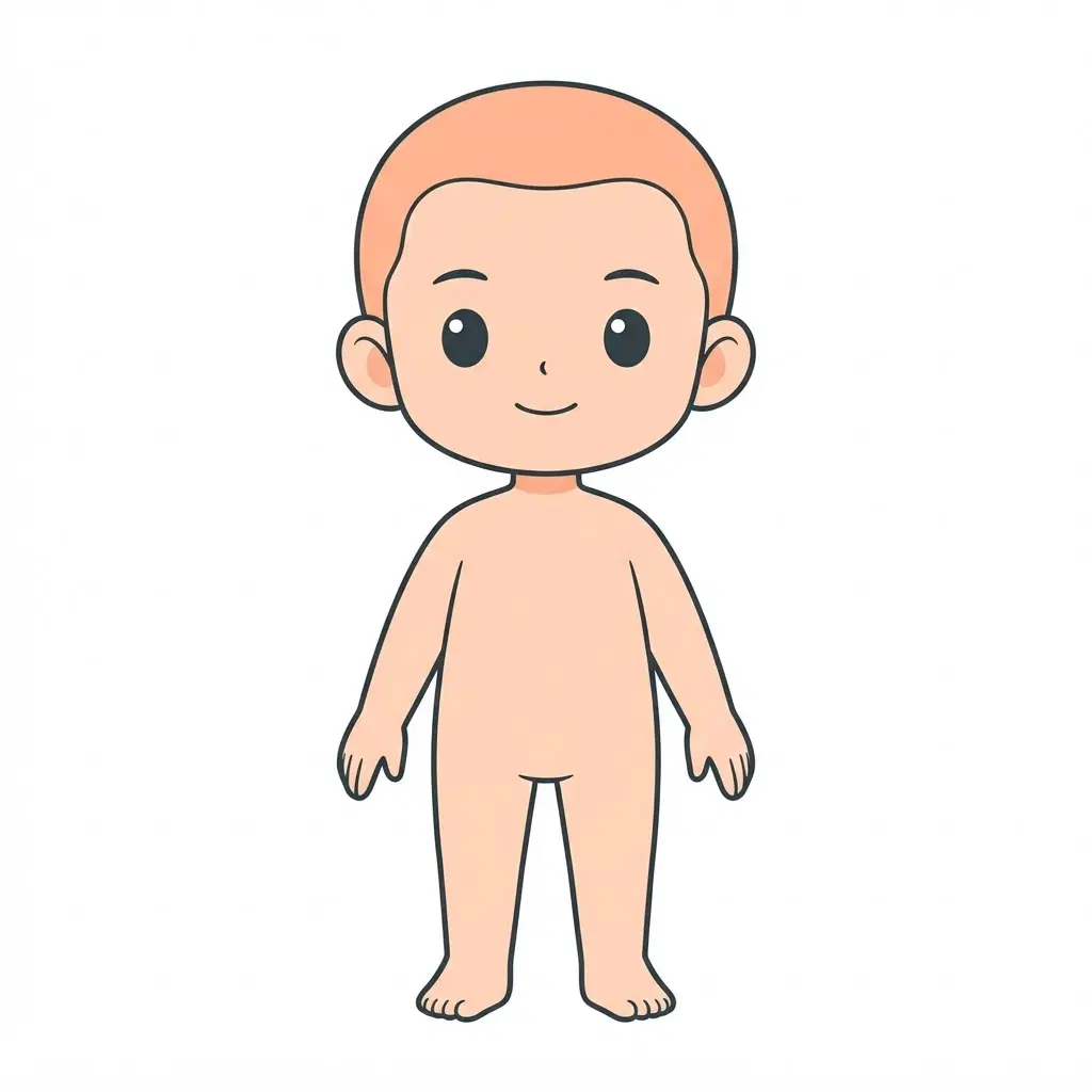 chibi character body base reference, short round proportions, big head, full body front view, neutral pose, flat peach colour, simple line art, flat shading, white background, clean template, clean soft gradient studio background, vibrant, crisp high detail, digital illustration