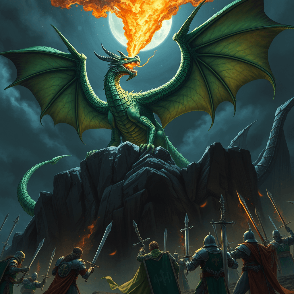 A towering dragon with shimmering emerald scales perches on a rocky cliff, its massive wings spread wide as it breathes a torrent of fire into the night sky. Below, a group of armored knights prepare for battle, their swords gleaming in the moonlight. The air is thick with tension, the dragon’s eyes glowing like molten gold as it lets out a bone-rattling roar, shaking the very earth beneath them.