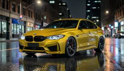 sleek bmw m4 gleaming in deep metallic yellow, custom‑painted, parked on a glossy urban night street. key light from a low angle casts crisp highlights on its sculpted body, while wet pavement reflects realistic reflections. cinematic sony‑fx3‑inspired framing, 24 mm lens at f/4 balances foreground detail and background depth, keeping the car centrally positioned at a slight three‑quarter angle. soft fill and bounce from city lights preserve nuanced shadows, contact shadows on wheels, subtle rim lighting outlining its aggressive silhouette, and a blurred yet recognizable city backdrop that supports but does not compete with the vibrant yellow vehicle.
