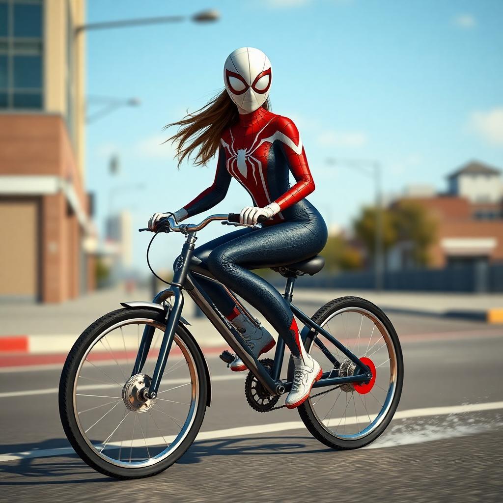 a white asian girl in spider man suite realistic girl and have two wheels instead of legs riding bike in