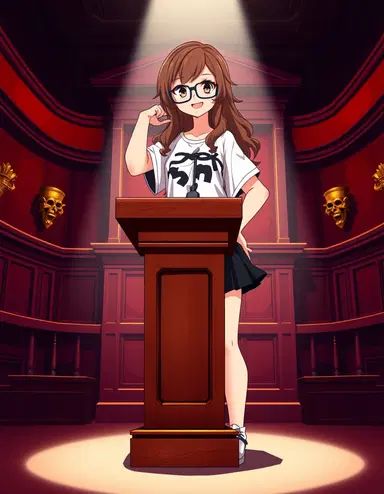 A full-body Danganronpa-style anime character called “The Ultimate Cutie.” She stands playfully at a wooden podium in a dramatic red-and-gold courtroom, inspired by the Danganronpa trial room. She has long, wavy brown hair, glasses, and a loose white graphic T-shirt with a black skirt. Her pose is confident and expressive, with a mischievous smile. The lighting is bold and stylized, cel-shaded with thick outlines, vibrant color contrast, and a moody background typical of the Danganronpa series.