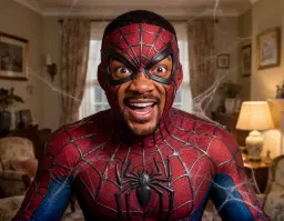 will smith portrayed as a mischievous babysitter in a detailed spider costume, close‑up portrait style, cinematic lighting, set inside a cozy, modest london townhouse, with a playful yet slightly spooky atmosphere, subtle visual hints of playful mind‑control tricks, all rendered with vivid, realistic detail and warm, atmospheric tones.