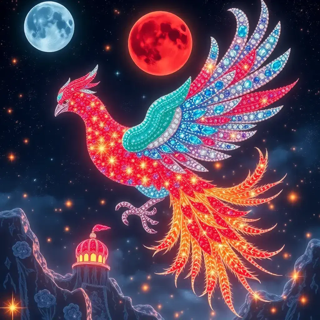 in a realm of boundless wonder, witness the resplendent lunar phoenix, a masterwork of holographic bejeweled splendor. its feathers are encrusted with glittering aquamarine, emerald, and sapphire, like a constellation map on a celestial globe heightened to dazzling holographic clarity. ruby-red gems adorn its neck and shoulders, set with icy opals that shimmer like starlight refracted through holographic pathways. as the phoenix flies, its wings beat in rhythm, sending cascading curtains of diamond-encrusted stardust behind it, glinting like a midnight aurora visualized in stunning holographic detail. beneath its path, the whimsical land is transformed into a kaleidoscope of holographic bejeweled forests, where crystalline palaces and towers are set ablaze by thousands of fiery garnets and rubies, glowing like an infinite number of ruby suns, leaving the dark blue sky filled with golden twinkling embers sparkling across star-spangled celestial canvas.