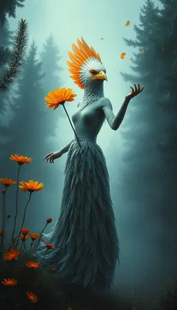 dancing bird‑faced woman holding a molten glass flower, forest of trembling feather trees, luminous bright orange cosmos flowers, dress of layered fabrics with frayed iridescent edges, misty feather forest at dusk, tall dark evergreen silhouettes fading into cool blue‑gray fog, light filtering through mist, floating golden dust particles, surreal masterpiece, mood of final calm: terminal serenity, evenly lit, gently fading, colors softened to pale blues, off‑whites, silvers, minimal motion, ceremonial quiet, featuring a more attractive, regal bird head with vibrant plumage and graceful features.