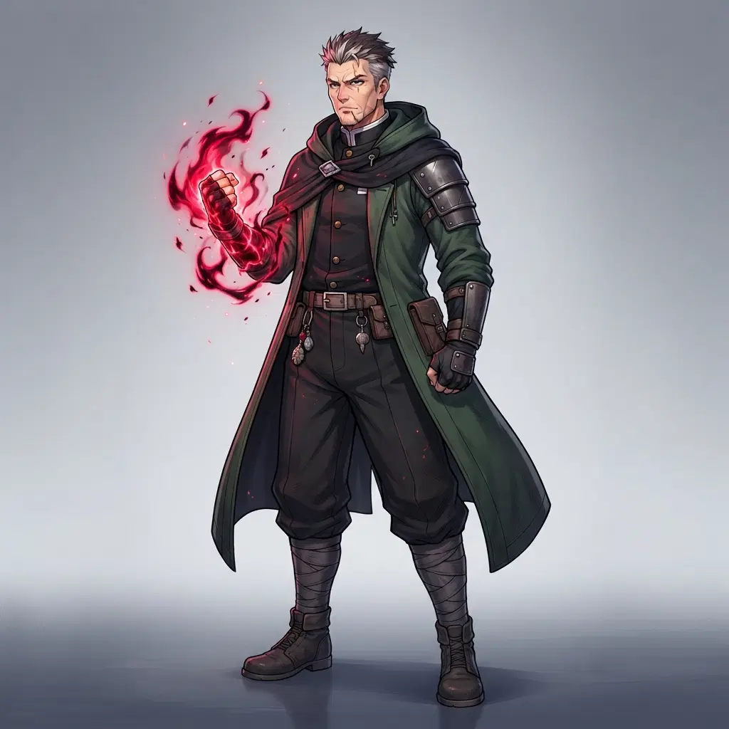 Anime illustration, full body, original older sorcerer man with grey streaked hair and a scar on his chin, long dark green coat over a black uniform, deep red cursed energy around one fist, clean grey gradient studio background, vibrant, crisp