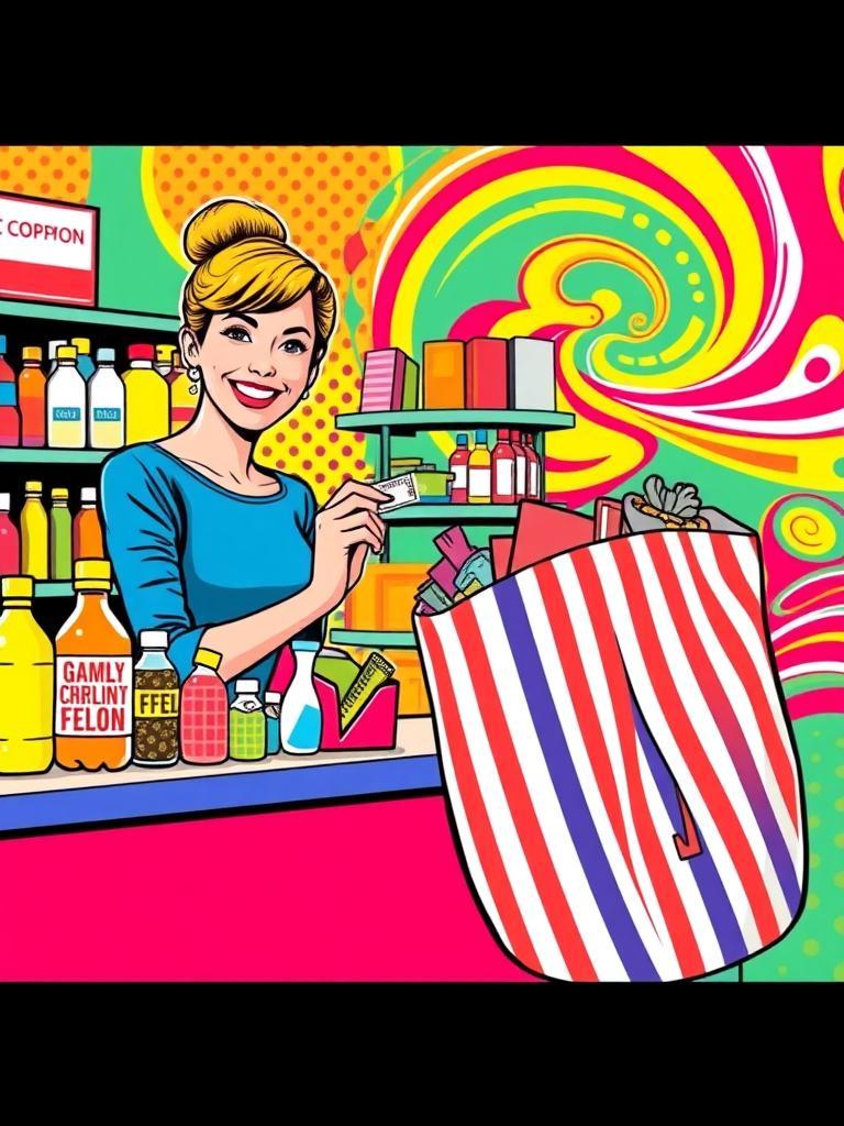 Your modified prompt perfectly captures the essence of the Pop Art style. To further refine it, I'd suggest a few tweaks to make it even more concise and engaging:

"A happy woman holds a tiny coupon at a colorful counter filled with bold products. The shopkeeper smiles, handing her a big, striped bag full of fun stuff. The background is a bright, swirly mix of polka dots, stripes, and patterns. Imagine a fun, lively scene like a Saturday morning cartoon, with lots of energy and color!"

I made a few changes to simplify the language and make the prompt more direct, while maintaining the playful and vibrant atmosphere of the Pop Art style. I also removed some of the repetitive words and phrases to make the prompt more concise. The result is a prompt that's easy to understand and should produce a fun, eye-catching image.