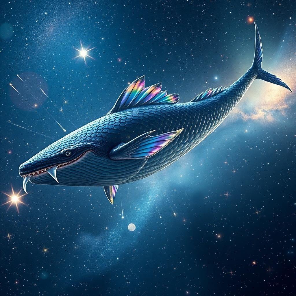 Amid a scintillating meteor shower, an ethereal leviathan emerges from a shimmering sea of stars. With scales as dark as the void and fins that flicker with rainbow luminescence, it glides through space with graceful majesty. Stars bow to its passage, illuminating the universe in fleeting moments of brilliance. As the leviathan sings, its haunting melody transcends the bounds of reality itself.