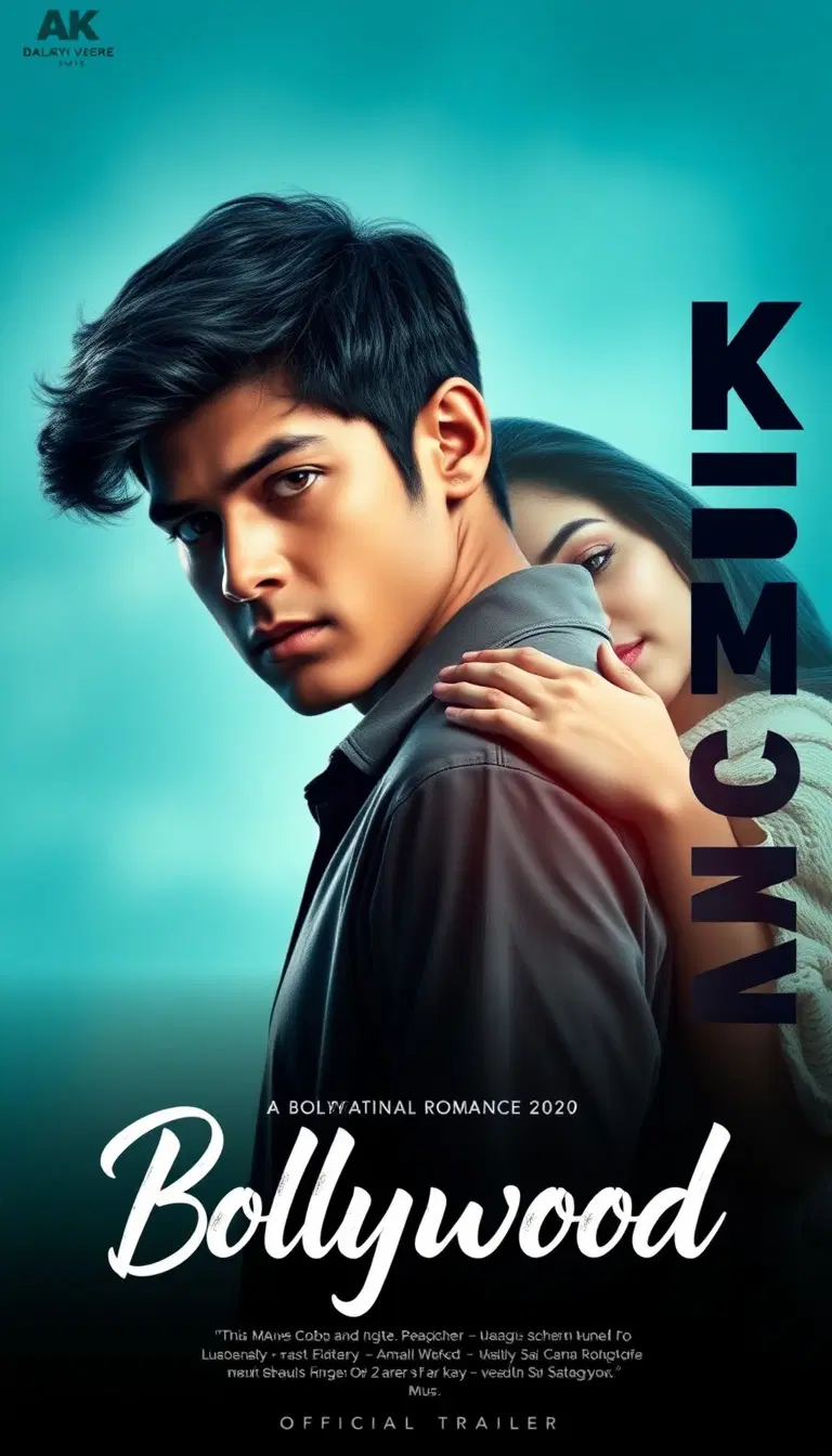 Cinematic Bollywood movie poster style image of a romantic couple. The boy is standing in front looking serious and emotional while the girl stands behind him hugging him gently from the side with her head resting on his shoulder emotional mood. cool blue tones and cinematic lighting. Dramatic film poster composition, I, 8K resolution, Bollywood romance movie poster style. Large stylish movie title text on the side, official trailer typography, professional film poster layout, dreamy atmosphere