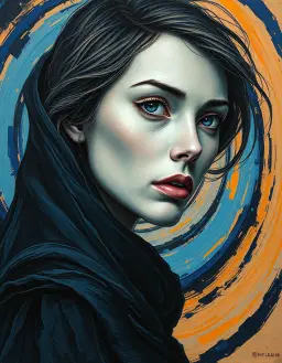 female portrait close‑up bust, intense eyes and textured skin, dark garment obscured, hair flowing dark mass, set in an abstract non‑representational space with swirling blue and black forms; spiral flow composition guides the gaze in circular motion with recurring curves and rhythmic spirals, evoking graceful continuity; oil on canvas, impasto, expressive alla prima brushwork, high‑chroma blues and warm ochres, dramatic hard‑edged directional lighting with warm highlights and cool shadows, extreme close‑up framing, right‑aligned off‑center placement, shallow depth of field.
