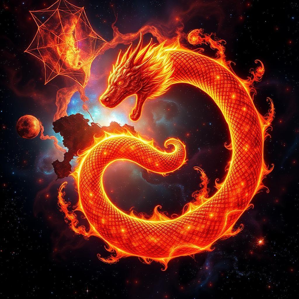 Amidst the kaleidoscopic expanse of a forgotten nebula, a mythical solar serpent coils in on itself in an elaborate dance of fire and elegance. Its scales glimmer with cosmic iridescence, casting kaleidoscope reflections that ripple across the vastness of space. As it spirals through the heavens, it weaves a rich tapestry of conflagrant hues, uniting the sacred warmth of the sun with the ancient mystery of the stars.