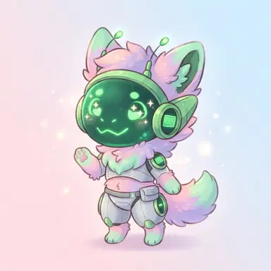 Chibi protogen furry OC, tiny and cute, green LED visor with sparkle eyes, pastel fur, digital art, clean background