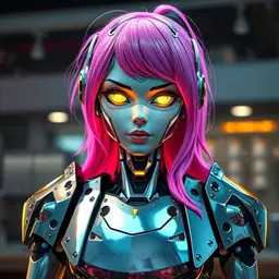 robotic barista girl with angular chrome armor panels resembling stacked teacups, glowing digital face, tea‑leaf shoulder vents, metallic joints and subtle circuit patterns, shocking neon hot pink hair, intensely glowing bright yellow eyes, hyper‑alert mood, razor‑defined edges, excessively crisp textures, high‑contrast lighting with stark highlights, intensified true colors, electrically charged atmosphere.