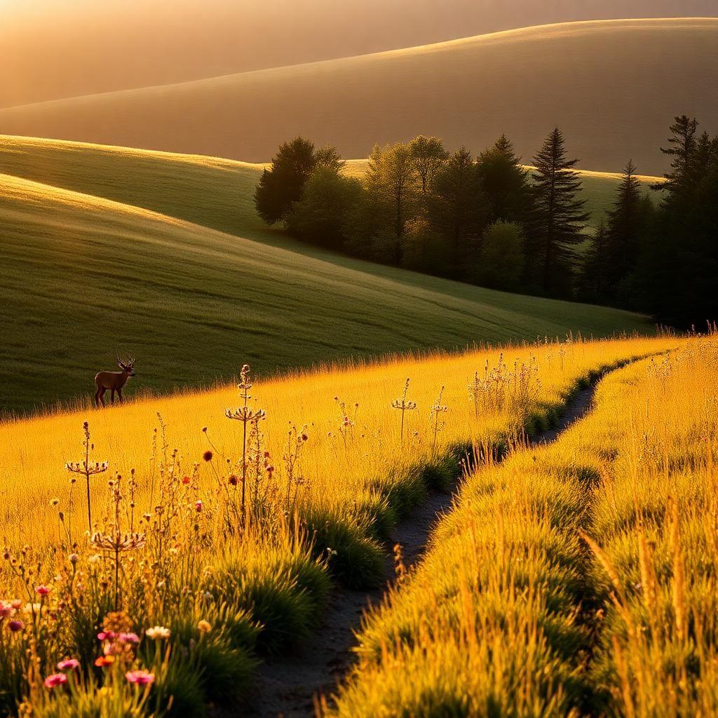 A tranquil meadow bathed in the golden glow of late afternoon light. Wildflowers of every color sway in the gentle breeze, and a narrow dirt path winds through the rolling hills. A lone deer stands at the edge of the trees, its ears twitching as it watches the horizon. The scene is peaceful, a perfect moment frozen in time, capturing the raw beauty of nature’s untouched splendor.