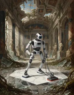 humanoid prototype cleaning robot with sleek articulated limbs, refined mechanical joints, visible prototype components and subtle research markings, precision cleaning attachments and elegant, expensive‑looking industrial design, in the ruined grand hall of a once prestigious national museum, a small pristine marble patch amid collapsed ceilings, vines, moss, shattered glass and roots, the robot methodically polishing the floor with industrial tools, northern renaissance detail style with luminous oil glazing, microscopic surface precision, jewel‑like color depth, subtle reflected light on metal and marble, intricate architectural textures, and a complex spatial composition that rewards close inspection