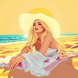 vibrant vector art style with bold crisp lines, geometric shapes, vivid gradient colors, and stylized hair that gives a sleek, luxurious appearance, rendered in a graphic illustration that emphasizes bold lines and vivid color transitions; ultra‑luminous sunny girl portrayed in a renaissance‑style fantasy scene bathed in golden sunlight, wearing a large white sun‑hat, with very long flowing blonde hair cascading over airy chiffon layers and translucent fabrics, surrounded by a radiant floral atmosphere and dreamy pastel palette, glowing soft light and magical summer glow, impressionistic floral textures and gentle motion that convey serene beauty, delicate feminine elegance, and ethereal happiness; the woman lies relaxed on a bright beach towel on a sun‑kissed shoreline, gentle waves lapping nearby and warm sand reflecting the golden light, creating a serene, happy summer moment.