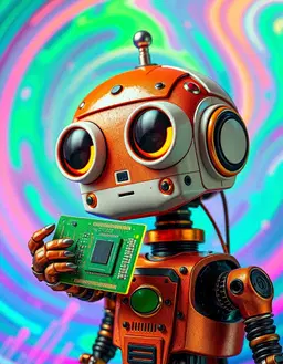 a whimsical small robot with a large exposed‑circuit head, rust‑orange and off‑white metal, oversized white eyes with orange lids, holding a green computer chip, rendered in dopamine maximalist style: hyper‑vibrant neon rainbow colors flood every surface, with exaggerated glows and surreal, over‑the‑top flair. the background swirls in impossible teal, lavender, coral, sapphire and additional neon hues, pulsing like a neon dream. the robot’s head and chip dominate a straight‑on close‑up, crisp and sharp, bathed in intense, hyper‑vivid lighting that amplifies the unapologetic, maximalist atmosphere.