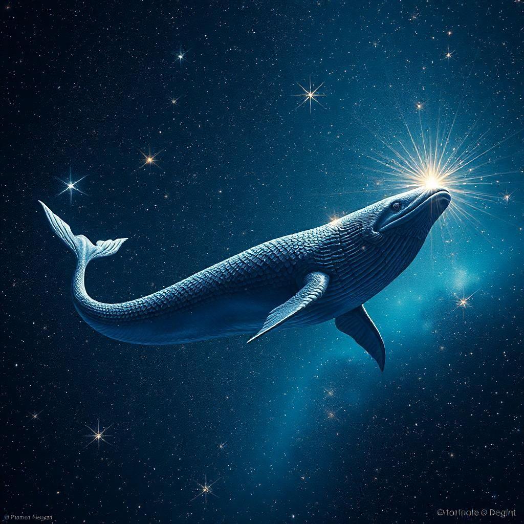 Amid a scintillating meteor shower, an ethereal leviathan emerges from a shimmering sea of stars. With scales as dark as the void and fins that flicker with rainbow luminescence, it glides through space with graceful majesty. Stars bow to its passage, illuminating the universe in fleeting moments of brilliance. As the leviathan sings, its haunting melody transcends the bounds of reality itself.