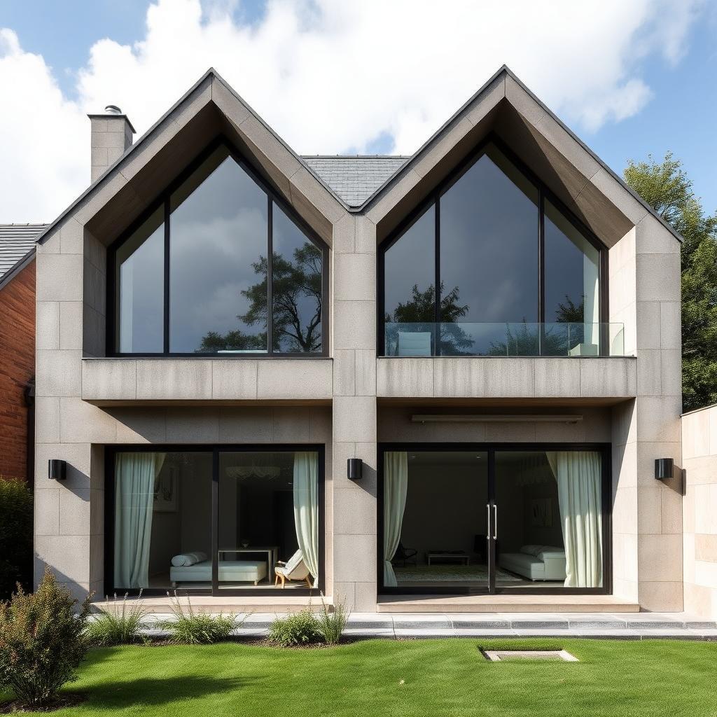 Maison en béton de forme pyramidales avec de grandes fenêtre en verre de forme rectangulaires qui prennent tous le mur