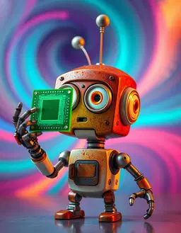 a whimsical small robot with a large exposed‑circuit head, rust‑orange and off‑white metal, oversized white eyes with orange lids, and a raised hand holding a green computer chip, rendered in an omg‑style that makes the scene look unbelievably spectacular—bursting with impossible colors, exaggerated glows, and surreal, over‑the‑top visual flair; the background swirls in wild, shifting teal, lavender, coral and sapphire gradients that pulse like a neon dream, while the robot’s head and chip dominate the straight‑on close‑up, crisp and sharp, bathed in intense, hyper‑vivid lighting that amplifies the unbelievable atmosphere.