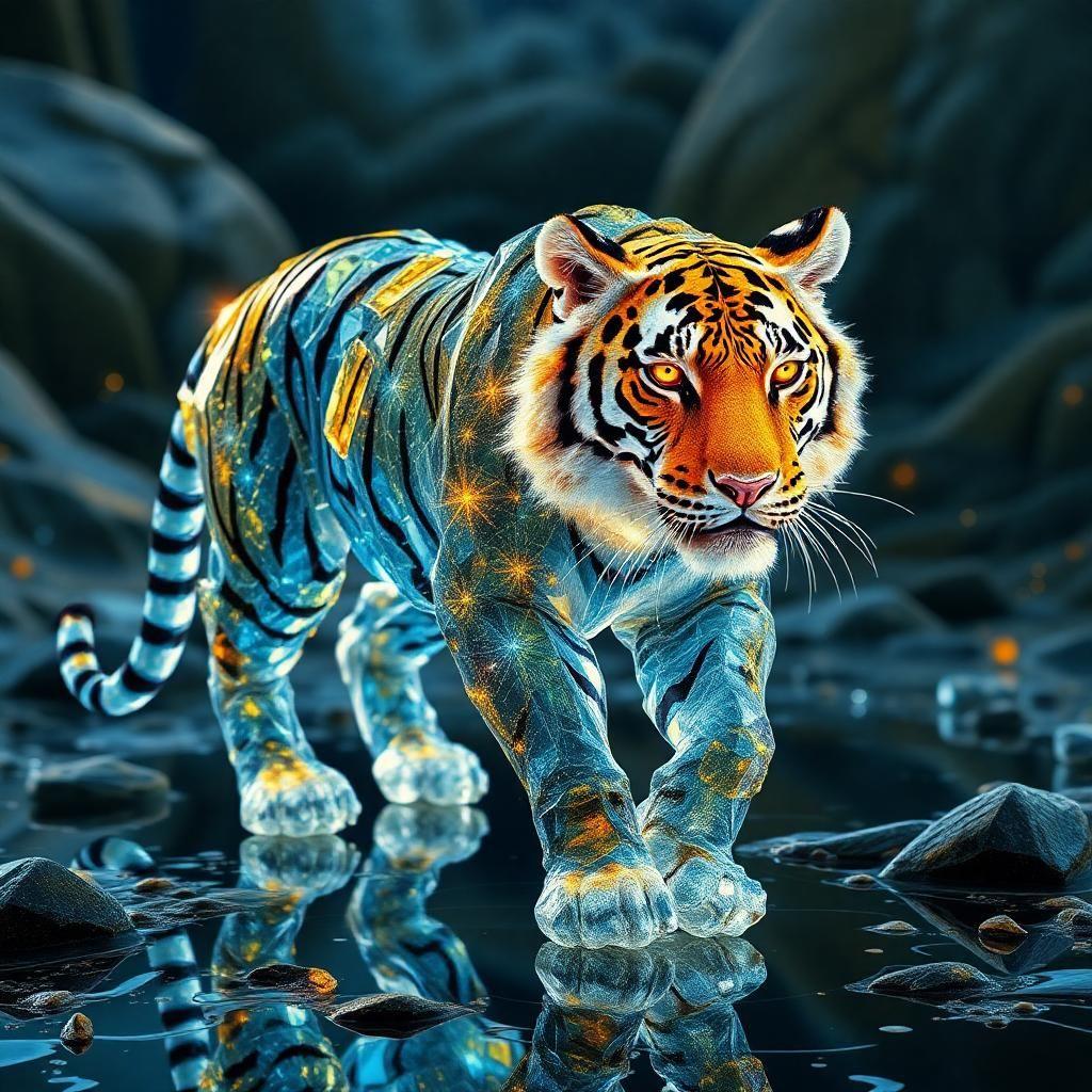 Journey to the prismatic lands where a legendary crystal tiger strides through reflective terrain. Its skin, a living cascade of glittering facets, encapsulates entire worlds within each crystalline frame. The tiger's eyes, fierce and knowing, burn like twin suns. With every step, it reshapes reality around it, bending the light of existence to its own majestic design.