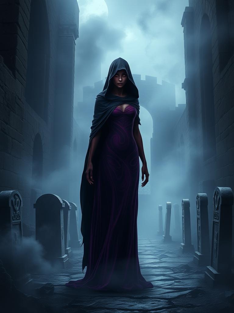 A lone, ghostly woman stands in a ruined, medieval castle, surrounded by crumbling headstones and a thick, eerie fog. Her body is a dark, swirly mix of purple and red, with a long, black cloak draped around her. The hood casts a shadow over her face, but her eyes glow like embers in the darkness. The air is heavy with shadows, and the only colors are deep, rich purples, bold reds, and dark blacks. The atmosphere is ominous and mysterious, like a dark fairy tale. She seems to be a mystical creature, full of hidden power and secrets, with an air of foreboding and danger.