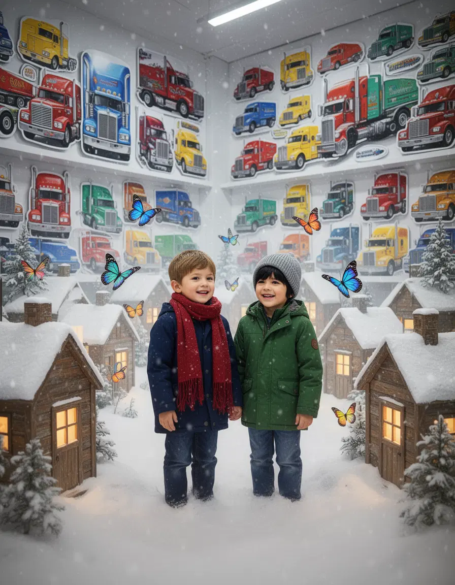 a small peaceful snowy village inside a store with vintage trucker stickers, tons of big colorful truckers decorate the walls, soft falling snow, small wooden houses covered with snow, two young boys standing together happily amidst the vibrant trucker landscape. the snow falls like gossamer silk, and the wooden houses are veiled in glassy transparency. the vintage truckers are in various sizes and colors, creating a visually dynamic backdrop for the boys. the boys stand bathed in a soft, ethereal light, like they've stepped from a winter reverie into an icy dawn, as the trucker stickers seem to glow with a mesmerizing luminescence. between boy1's dark blue coat, cinched with a worn red scarf, and boy2's black hair etched against the morning's pale blue, a gentle flight of colorful butterflies dance and flutter organically through the village space, their iridescent wings shimmering in harmony with the soft luminescence of boy1's dark blue coat. boy2's green jacket and gray wool cap still glow softly, amidst the bold, brightly colored trucker stickers that adorn the store walls, the village is suspended in a moment of timeless stillness, a fleeting beauty distilled by the luminous quality of the quiet winter air, with delicate butterflies drifting effortlessly through it. the truckers on the wall appear three-dimensional, blending seamlessly with the wooden houses, creating an enchanting, whimsical scene.