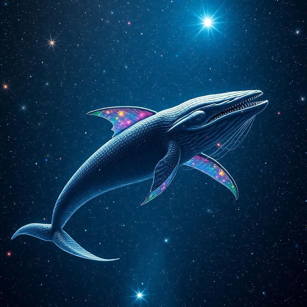 Amid a scintillating meteor shower, an ethereal leviathan emerges from a shimmering sea of stars. With scales as dark as the void and fins that flicker with rainbow luminescence, it glides through space with graceful majesty. Stars bow to its passage, illuminating the universe in fleeting moments of brilliance. As the leviathan sings, its haunting melody transcends the bounds of reality itself.