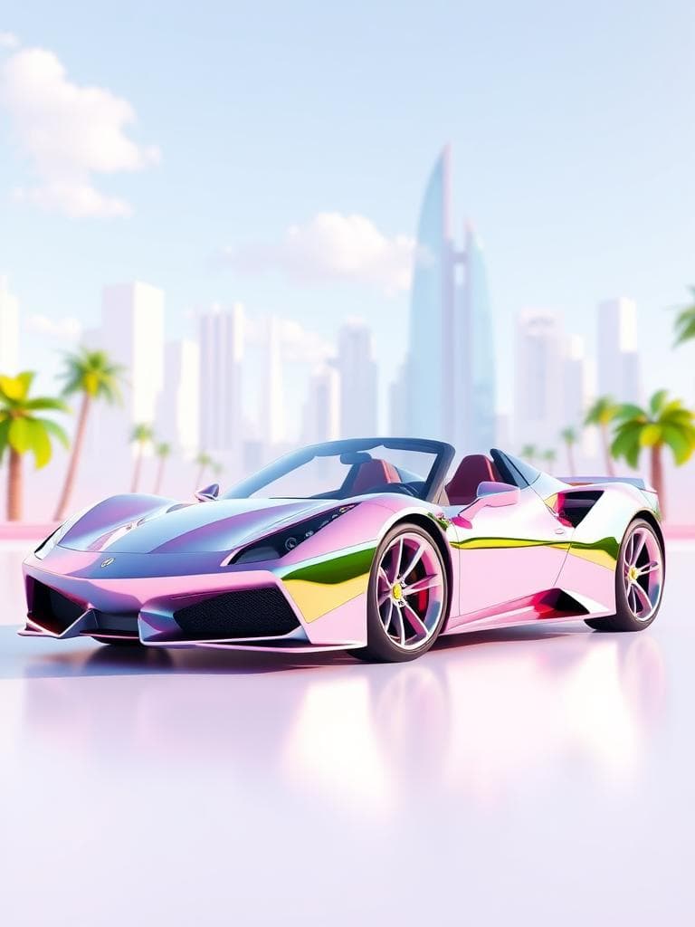Here's a revised prompt that applies the 'Low-poly 3D art' aesthetic to the subject of the image, a polished chrome speedster:

"A simplified, low-poly chrome speedster, inspired by Ferrari 488 and Lotus, shines with bright, pastel colors. The car's body is made of basic geometric shapes with sharp angles and flat shading. It features a stylized, widebody kit and is set against a dreamy, polygonal cityscape with blocky skyscrapers and simple palm trees. The image shows 3/4 of the car, emphasizing its modern and futuristic design. The color palette is bright and playful, with a focus on form and composition over detail."