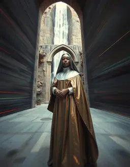 a gothic nun in a futuristic gothic silver‑polished outfit standing before a towering waterfall and stone archway behind gritty concrete, whip‑pan blur view with extreme horizontal motion streaks and a narrow vertical slice in partial focus, colors smeared into elongated bands, architectural lines as speed trails, light stretched into glowing horizontal ribbons, kente cloth pattern texture in deep gold, royal blue, crimson, forest green and midnight black, monotype printmaking soft edges and velvety texture, soft silver‑white illumination, dust motes suspended, single glinting water drop frozen mid‑fall, kinetic energy mood, serene stillness, kente cloth palette.