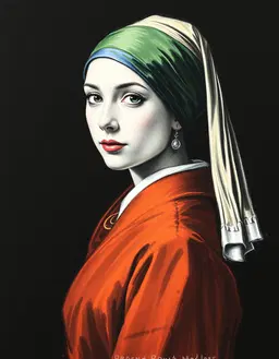 a female bust portrait in a studio, set against a stark black background, her green headscarf and orange-red high-collared tunic rendered in delicate black and white chalk strokes, evoking a sense of timeless elegance and subtle texture, as the artist's skilled hand brings forth the subject's features in crisp, high-contrast lines, the softness of the chalk underscoring the intimacy of the portrait, while the overall aesthetic remains grounded in the quiet, contemplative world of black and white, where every detail is heightened and every emotion is distilled.