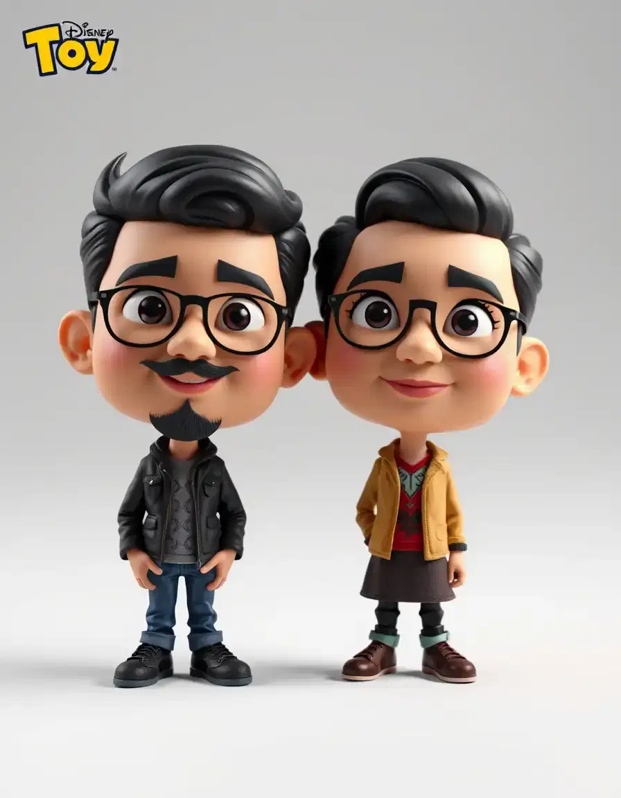 A 3D cartoon caricature of a couple, stylized vinyl toy design, exaggerated big heads, small bodies, detailed clothing, Pixar/Disney style, collectible figure, rendered in Blender, toy packaging box design beside them”
