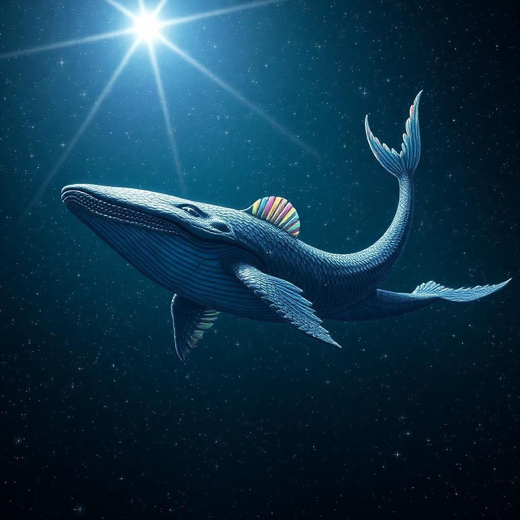 Amid a scintillating meteor shower, an ethereal leviathan emerges from a shimmering sea of stars. With scales as dark as the void and fins that flicker with rainbow luminescence, it glides through space with graceful majesty. Stars bow to its passage, illuminating the universe in fleeting moments of brilliance. As the leviathan sings, its haunting melody transcends the bounds of reality itself.