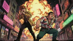 Kitsune McKenzie and Furgo Perino stand side‑by‑side in a chaotic 1970s‑anime cityscape as a massive explosion erupts behind them. Kitsune McKenzie, captured from the reference image, leans forward with a shocked expression, her hair whipping upward, hands raised protectively toward her face. Furio Perino, as shown in his reference picture, crouches low, eyes wide, one arm extended as if shielding an invisible companion, his posture tense and ready to flee. The background blends retrofuturistic neon signage and punk‑art chaos: gritty linework, neon pink, yellow, and green glows clash with the high‑contrast, flat‑color fields of classic cel animation. Scanlines and grainy texture overlay the scene, evoking analog video quality. Explosive fireball bursts forward, casting stark black outlines and hard shadows over the characters, their muted skin tones illuminated by the fiery light. The composition follows Dave Gibbons‑style comic panels with crisp black linework, bold flat color blocks, and dynamic angles, emphasizing the urgent movement as both characters dash away from the blast, their silhouettes framed against the chaotic, apocalyptic skyline.