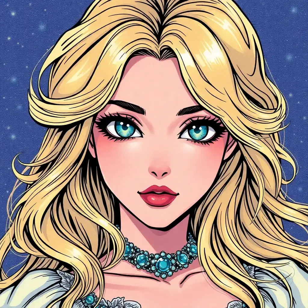 Create a spellbinding femme anime character, adorned with cascading locks of blonde hair and entrancing blue eyes, reminiscent of a fairy tale enchantress. Immerse her in a vibrant, vintage comic book universe, where each detail pops with color and precision that blurs the lines between fantasy and reality.