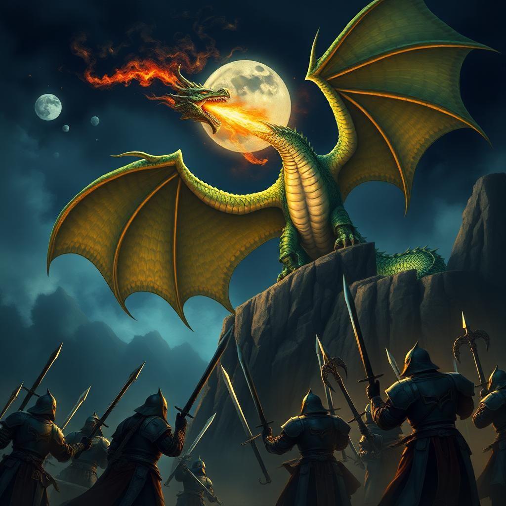 A towering dragon with shimmering emerald scales perches on a rocky cliff, its massive wings spread wide as it breathes a torrent of fire into the night sky. Below, a group of armored knights prepare for battle, their swords gleaming in the moonlight. The air is thick with tension, the dragon’s eyes glowing like molten gold as it lets out a bone-rattling roar, shaking the very earth beneath them.