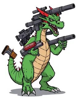 character full drawing of A green dragon with to many guns, bold 2D anime creature art, clean confident black outlines of heavy weight, simple interior lines, flat base colours with one hard-edged shadow shape and a single small highlight, bold saturated colours in clearly separated blocks: one dominant body colour, a paler secondary colour and one bright accent colour, full body from head to feet, standing, facing forward, plain flat white background