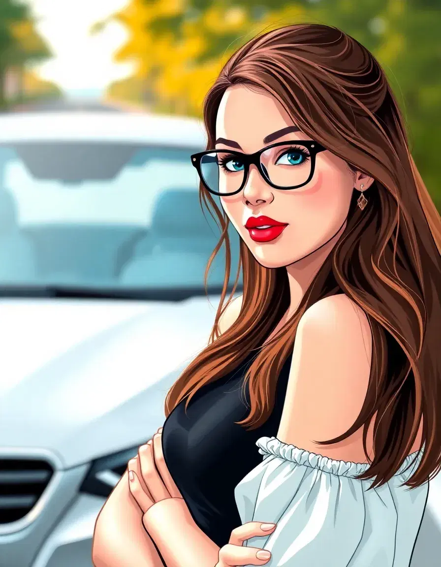 A beautiful confodent girl on a road with black glassed and red lipstik w3ith her cara illustratipn pic fill pic of girl standing in front of her car