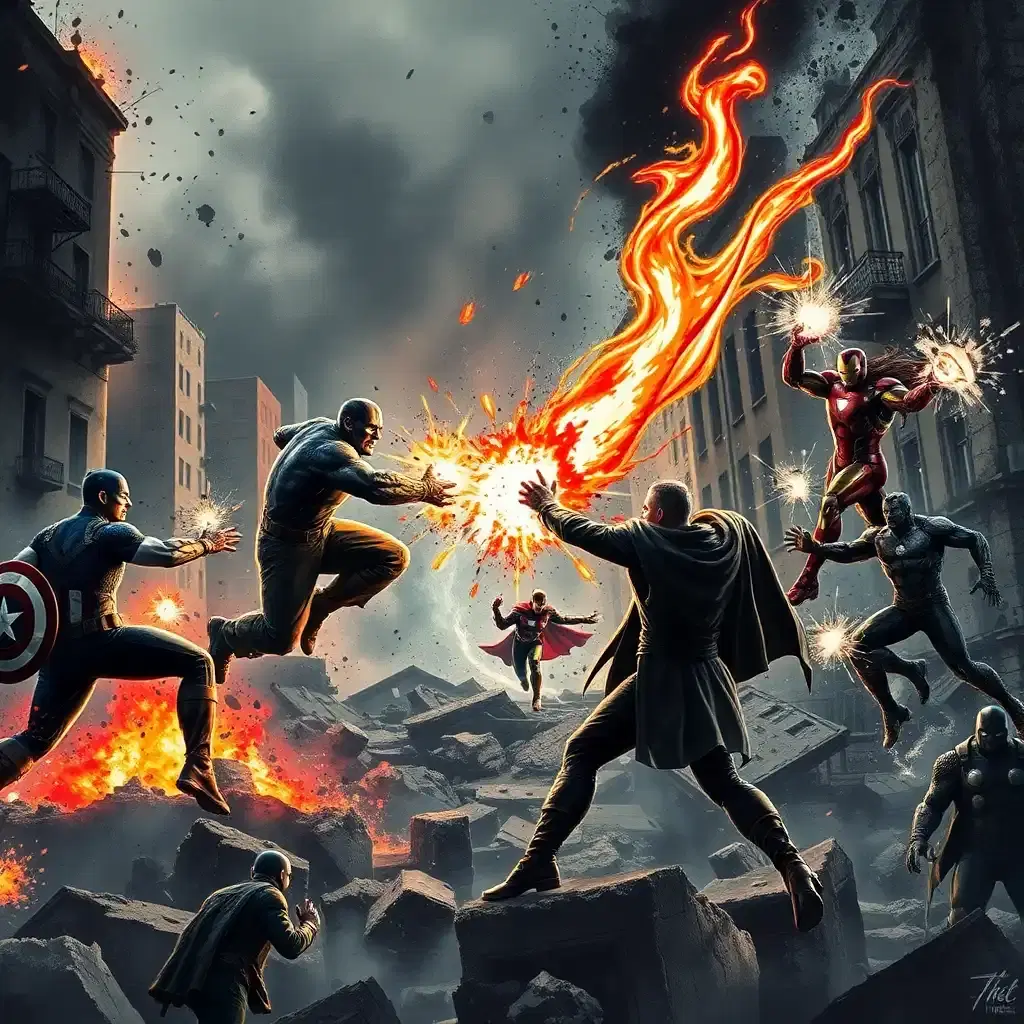 an epic battle scene between the fantastic four and the avengers in a devastated cityscape, illuminated by fires and energy blasts, with ink blots splattered across the walls and buildings, as if the very fabric of reality is being torn apart. captain america clashes with the thing, their fists colliding with immense force amidst the swirling ink. mister fantastic dodges iron man’s repulsor blasts, stretching his body around the attacks as ink tendrils seem to reach out and ensnare him. the human torch races through the sky, leaving a fiery streak as he faces off against thor, who swings mjolnir amidst a maelstrom of ink droplets. the invisible woman counters doctor strange’s spells with her force fields, both radiating energy as they try to overpower each other amidst a backdrop of smudged and distorted ink blots. the battle is chaotic yet balanced, with each hero’s abilities on full display, creating a visually stunning composition.