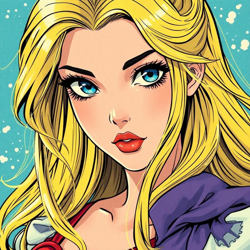 Create a spellbinding femme anime character, adorned with cascading locks of blonde hair and entrancing blue eyes, reminiscent of a fairy tale enchantress. Immerse her in a vibrant, vintage comic book universe, where each detail pops with color and precision that blurs the lines between fantasy and reality.