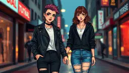 raelyng, a human female with an asymmetrical undercut, sharp angular jawline, heavy eyeliner, wearing a black lambskin leather jacket with gold zippers, white crew‑neck tee, distressed black baggy jeans and black‑white high‑top converse, double‑gauge hoop earrings, and her white girlfriend with shoulder‑length messy brown hair, large dark brown eyes, black pull‑over fleece hoodie over a white tee, blue distressed jeans with a ripped hem and ear piercings, stand hand‑in‑hand on a blurred city street at dusk lit by neon reflections and warm amber streetlights, rendered in a crayon‑style aesthetic: wobbly wax‑crayon lines, uneven fills, scribbled textures, rough sketch edges, with the metallic nightmare palette of dark burgundy, black, rusted surfaces and horror‑infused engravings softened by the childlike crayon imperfections.