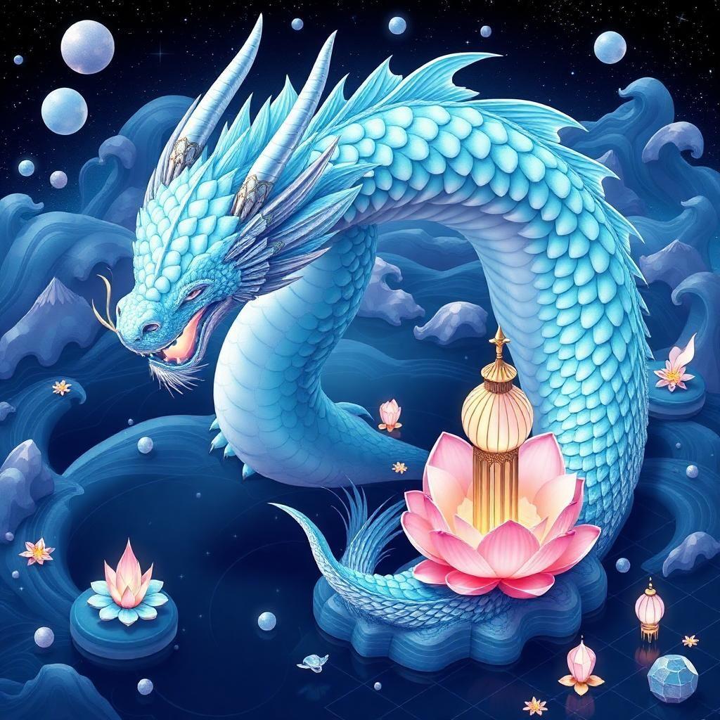 "a colossal, ocean wave-like lotus dragon ripples through the cosmos, its frothy scales shimmering like turquoise glass pebbles, and iridescent mother-of-pearl. the dragon's shimmering eyes glow with an ethereal, cerulean light, cascading like gentle waves. transform this dragon and its surreal dreamlike world into an isometric illustration, where the undulating sea foam brushes against sharp, geometric shapes, and the melting, coral-hued buildings and wispy, wave-tossed ghosts dance with delicate, paper kites amidst a grid of angular, crystalline formations. beneath the lotus, a serene, wave-like pool of dark water reflects a surreal dream: gently lapping clocks now stylize angular, metallic clockwork, and the delicate, paper kites are intricately woven with isometric lattices. the dragon's fur flows like molten, faceted crystals and glinting, metallic silhouettes. its low, soothing roar echoes through a delicate, geometric haze of interlocking shapes and vibrant, pastel colors."
