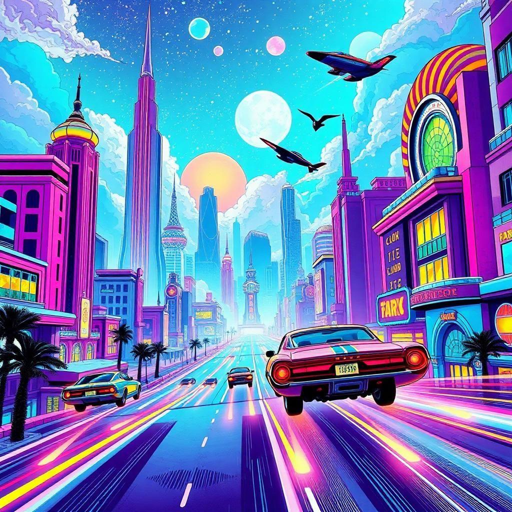 Create a dazzling retro-futurism landscape with a city of ethereal allure. Here, art deco towers and flying cars coexist with a vibrant pop art aesthetic, creating an electric atmosphere. Narratives flash by in comic book storyboards, in colors so vivid they transport viewers into a saga of dreamlike exploration.
