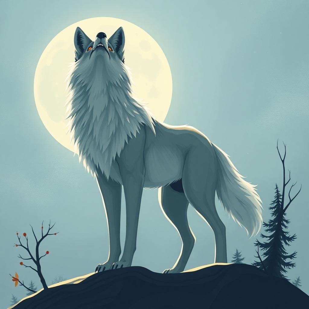 style animé grand loup très maigre et méchant en entier long museau