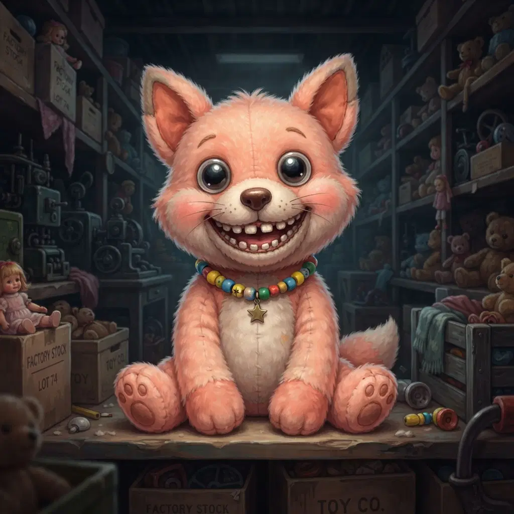 plush toy fox mascot character with a big fixed toothy smile and wide glossy eyes, pastel peach fur, a colorful bead necklace with a small charm, soft cartoon style, slightly eerie, dim toy factory shelves behind