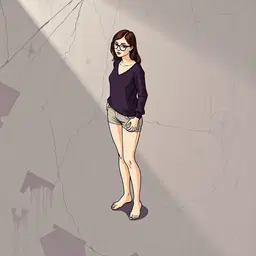 female subject wearing thin glasses, full body, barefoot, depicted in an isometric illustration with clean parallelogram forms and thin outlines, sgraffito mural on early photographic paper rendered in flat, saturated fills, incised ink‑like lines and rough‑edged carved strokes, subtle impasto texture and satin sheen, high‑contrast directional light casting elongated abstract shadows, high horizon pushing the line into the upper tenth of the frame, expansive foreground texture, deep plum, dusty mauve, cool gray palette with faint silver accents and muted sophisticated tones, negative space.