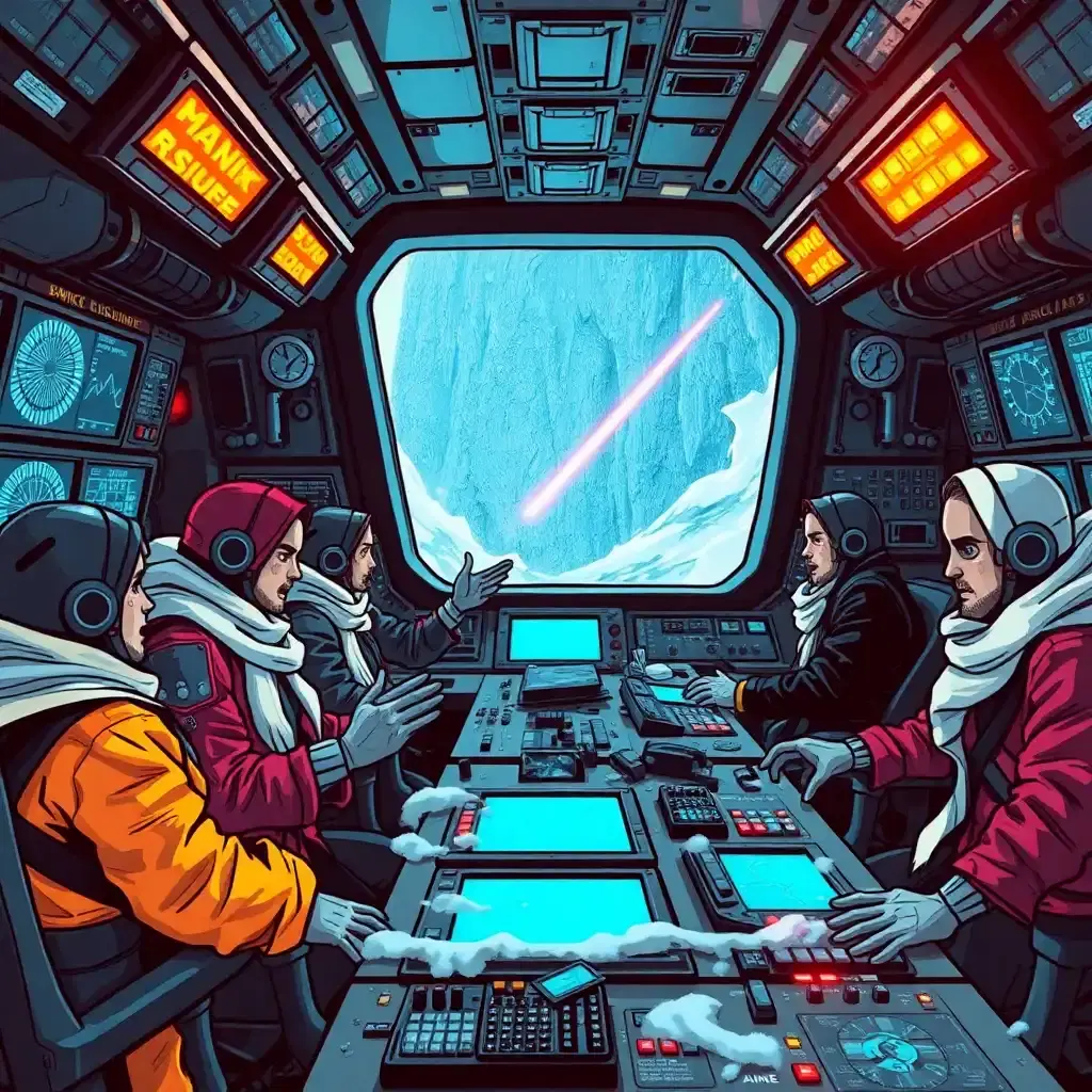 here is the new modified image creation prompt: 

inside the laugh-out-loud control room of a space pirate ship, the atmosphere is increasingly frostbitten and chaotically explosive. crew members, wearing a messy mix of neon-colored tattered clothing, cartoonishly oversized armor, and frigid white scarves under black leather jackets, frantically work at each station. they're frantically monitoring hilariously outdated star charts and making frantic hand gestures as they try to track enemy ships, whose ship names include "space-ninja," "galactic-gargoyle," and "kerbal-american-airline." the control panels are eerily cold and broken, with dimly flashing lights that cast an icy glow in a cryptic pattern and machinery that threatens to spontaneously combust in a blast of frosty steam at any moment. through the large viewport, the breathtaking stillness of an icy cavern wall can be seen, with multiple comets streaking past in a faint trail of frost and snow, reminding you to water your own garden. the ship's eerily wintry interior is filled with ridiculously oversized, dimly neon-lit furnishings, a massive crystal chandelier hangs from the ceiling, and the deafeningly loud hum of the ship’s engines, along with the faint sound of an icy echo of a durring kazoo band, is almost constant in the background. the air is thick with eerie, frozen snowflakes, wintery sound effects, and flickering flashes of electrical sparks that light up every corner of the inhospitably cold control room.