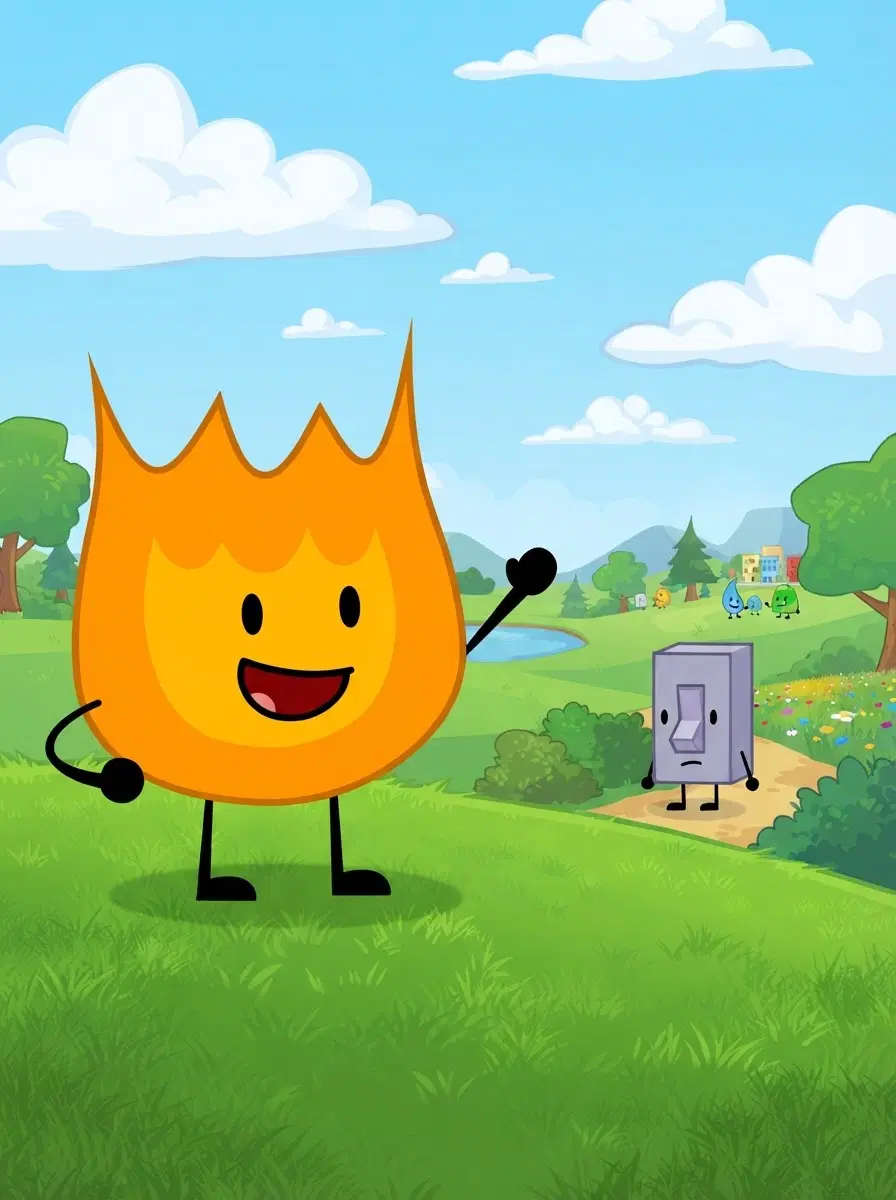 Firey from bfdi (Battle for dream island) and add Liy (light switch) from bfdi in the background