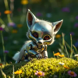 cinematographic ultra-realism: cinematic photography style with ultra‑realistic, crystal‑clear details, flawless focus, and no lens distortion, capturing a vibrant, high‑definition scene in which every object is sharply rendered; a cute robofox cub stands in a sunlit meadow, its sleek metallic fur gleaming with a subtle iridescent sheen, expressive large eyes reflecting the sky, tiny mechanical paws gripping a soft mossy patch, surrounded by colorful wildflowers and a gentle breeze that ripples the fur, all captured with razor‑sharp clarity and vivid, lifelike colors.